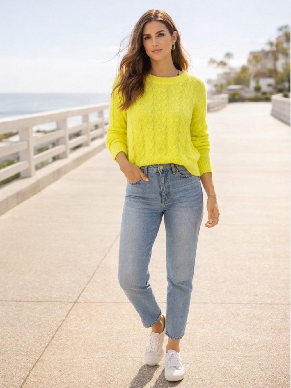 EVEREVE Bridget Pullover Neon Yellow Cable Knit Sweater Lightweight Medium